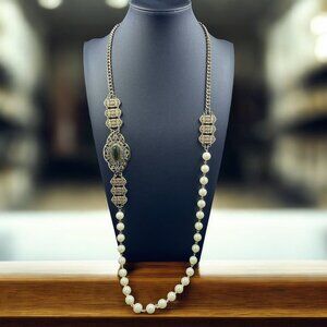 Vintage Inspired Gold Pearl Filigree Statement Necklace Regency Royalcore Coquet